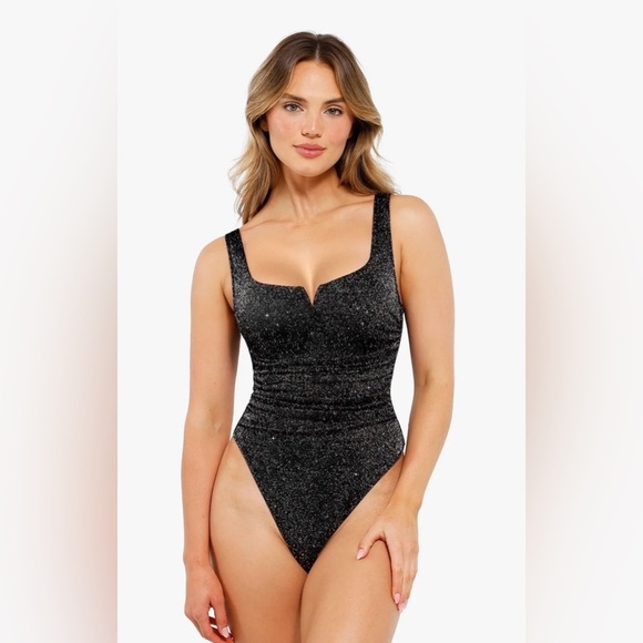 Popilush Other - NEW POPILUSH Shapewear Ruched Metallic Knit Square Neck Slimming Bodysuit Black